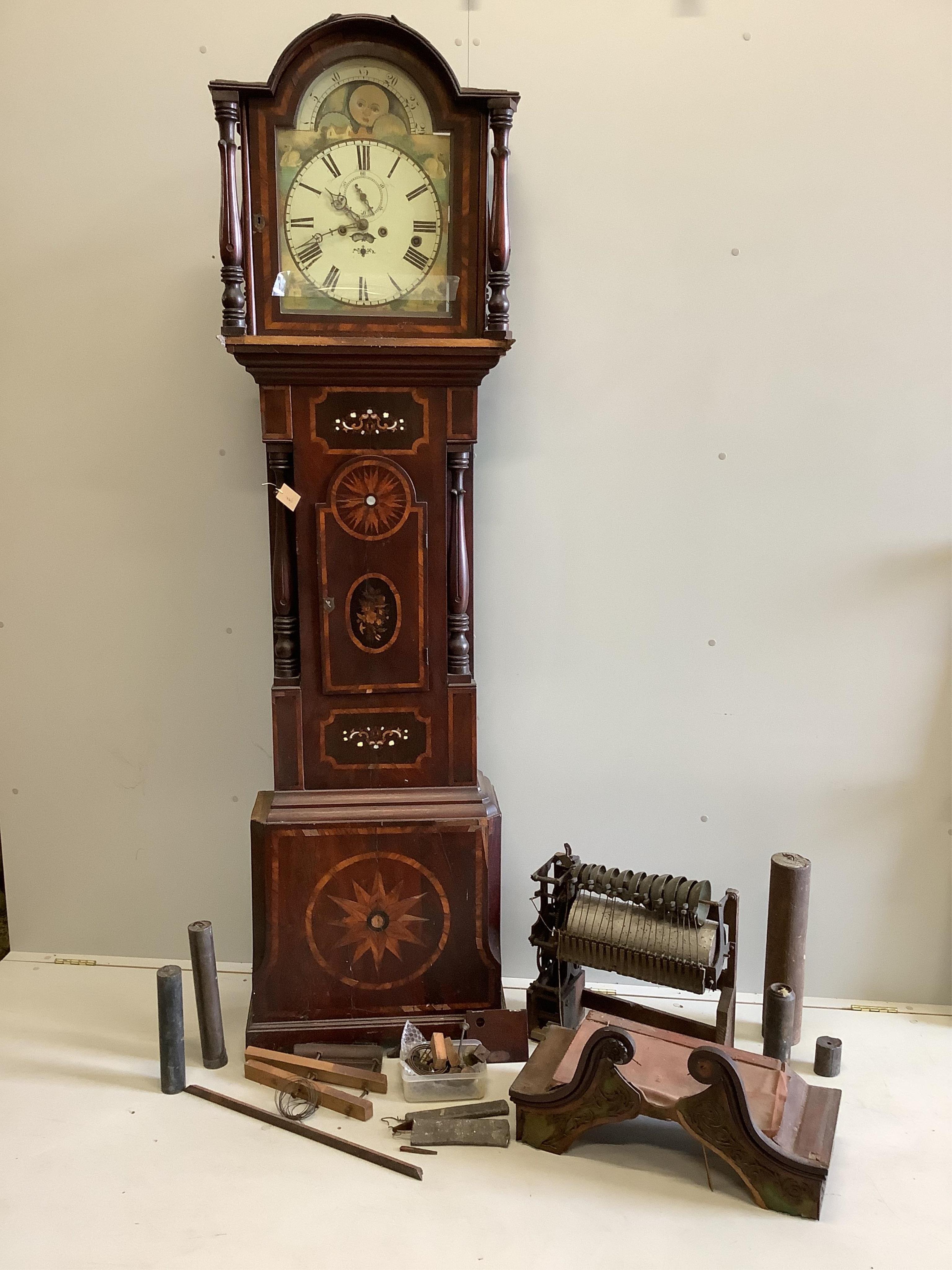 A 19th century Continental inlaid mahogany eight day musical longcase clock, height 234cm (in need of restoration)